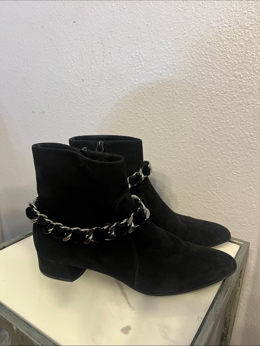 Casadei Black Suede Ankle Boots with Chain Detail